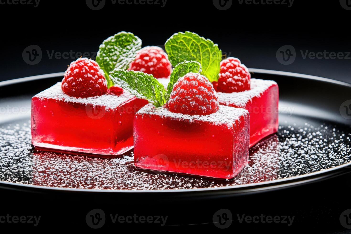 Striking still life featuring red gelatin desserts elegantly garnished with raspberries and mint leaves on a black plate adorned with powdered sugar photo