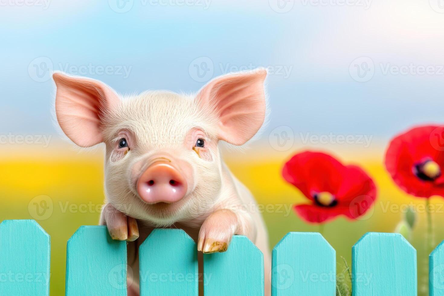 Adorable piglet with mint green spots plays joyfully in a vibrant meadow adorned with yellow flowers and red poppies under a bright blue sky photo