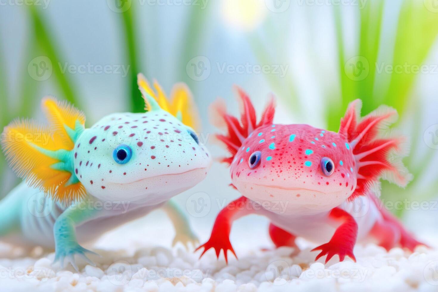 Playful pair of axolotls swimming in a vibrant light blue aquarium showcasing their unique colors and lively underwater environment photo