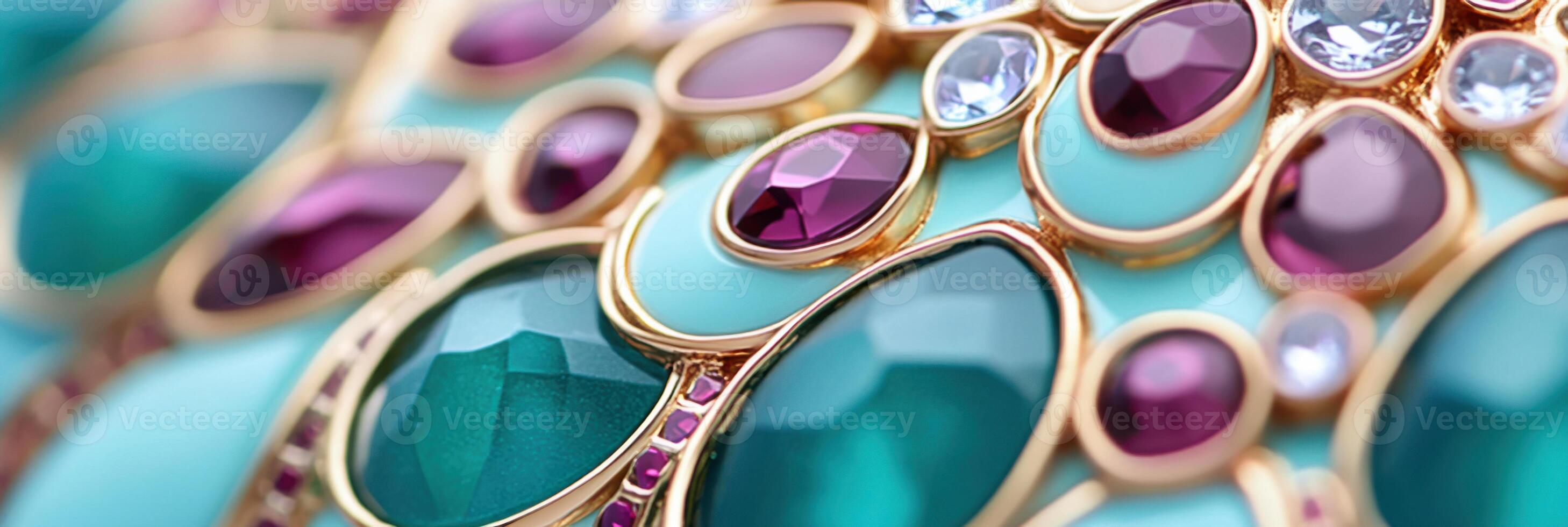 Elegant abstract jewelry design featuring green gemstones and colorful crystals for a luxurious touch photo