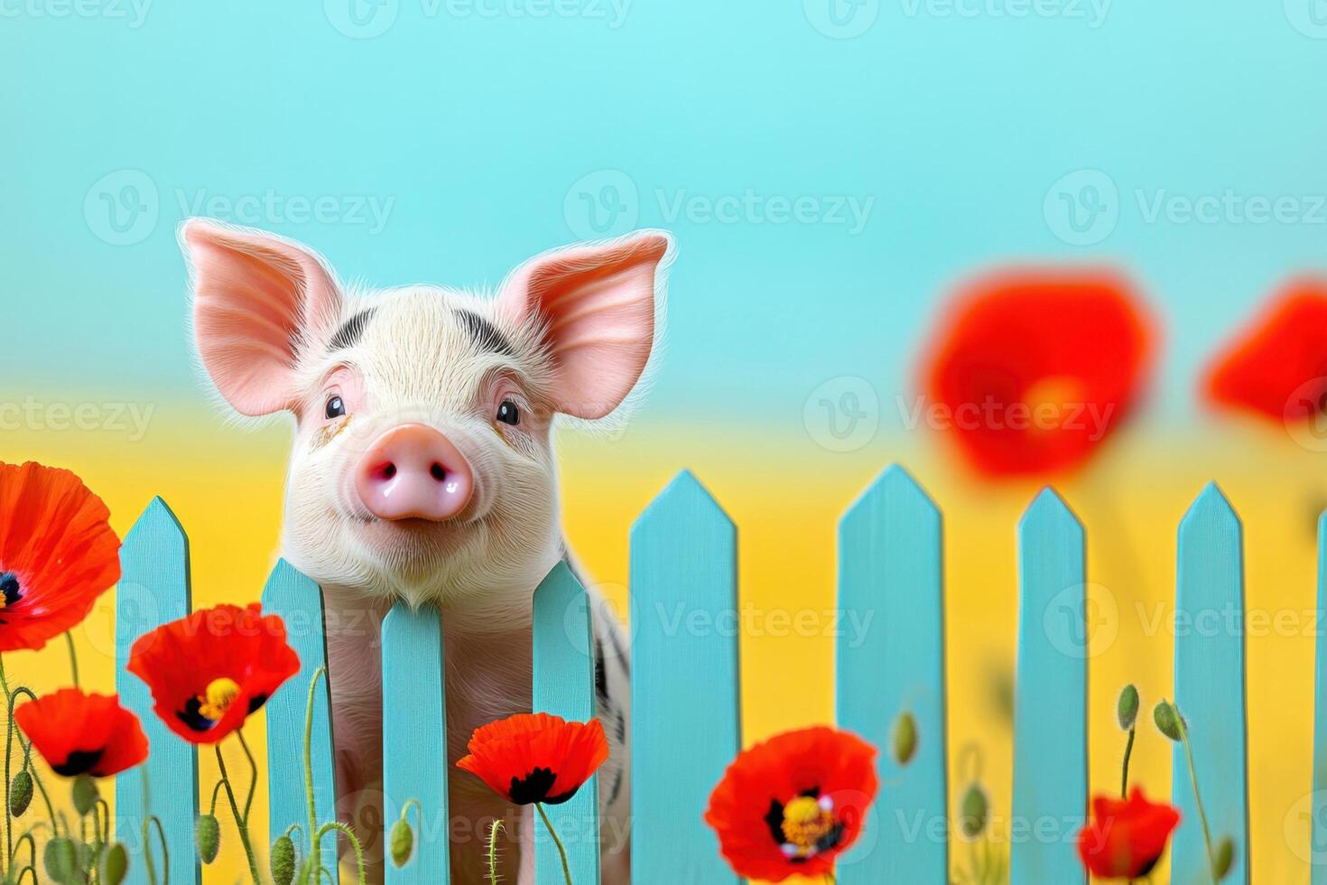 Adorable piglet with mint green spots plays joyfully in a lemon yellow meadow adorned with red poppies and teal fences under a bright blue sky photo