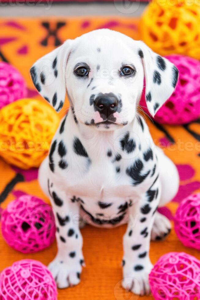 Charming Dalmatian puppy sitting on vibrant orange rug surrounded by bright pink toys in a cheerful indoor setting photo