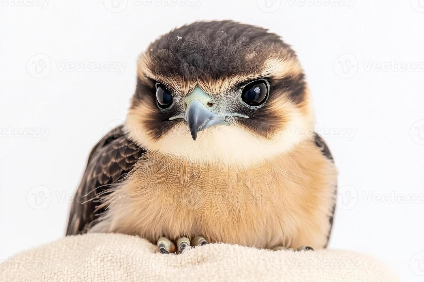 Elegant falcon with deep black wings and warm brown chest feathers perched on soft glove against pure white sky photo
