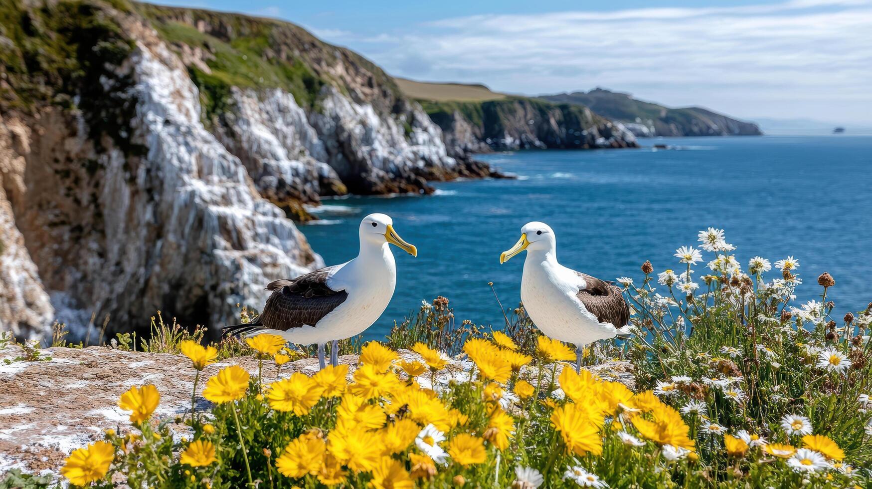 serene scene of albatrosses among vibrant flowers by cliffs photo