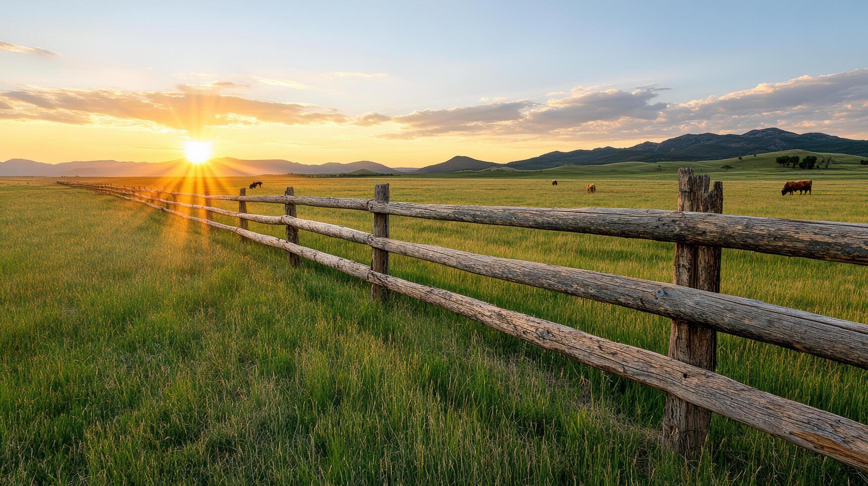 rustic fence line with cattle grazing nearby at sunset, creating serene landscape photo