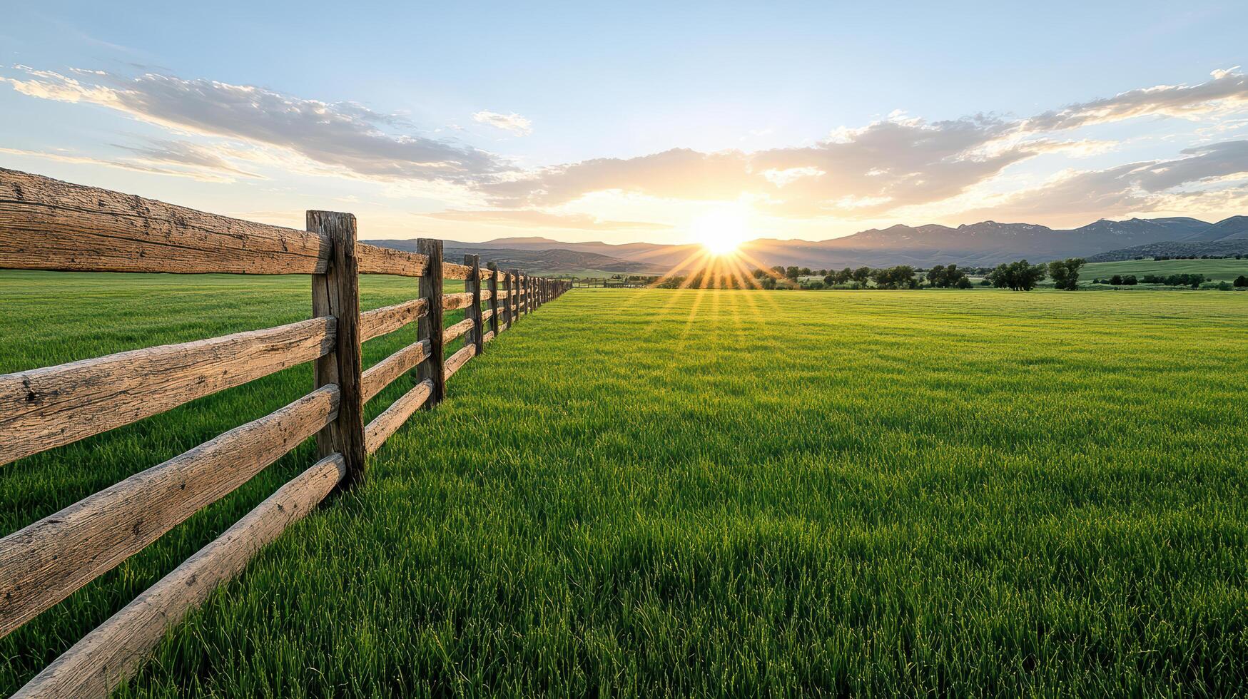 rustic fence line with vibrant green grass at sunset, creating serene landscape photo
