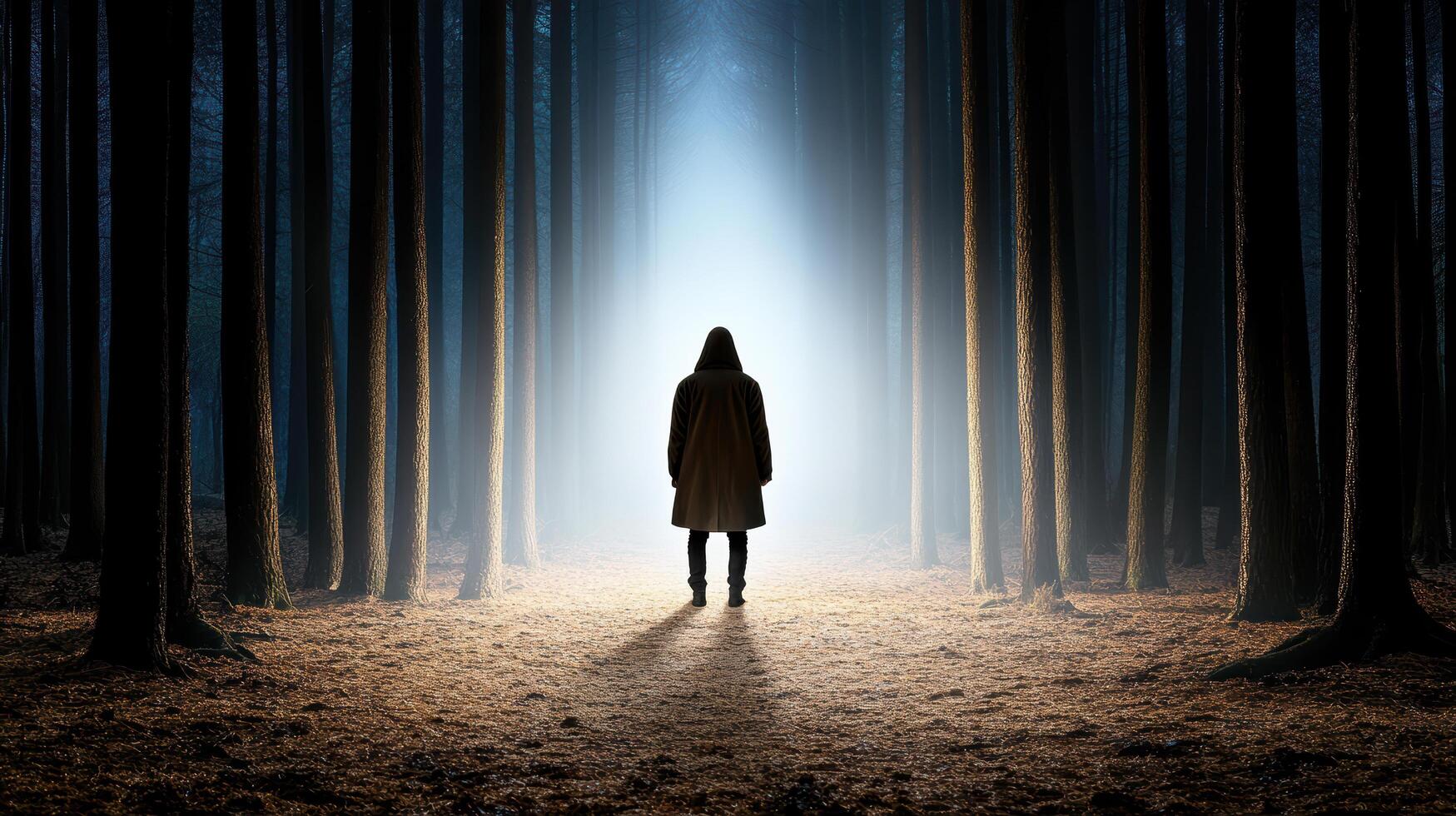 shadowy figure stands in dark forest, illuminated by glowing light photo