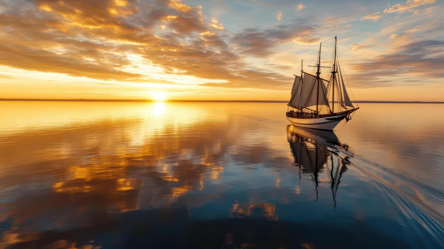 ship sailing into distant horizon under glowing sunset photo