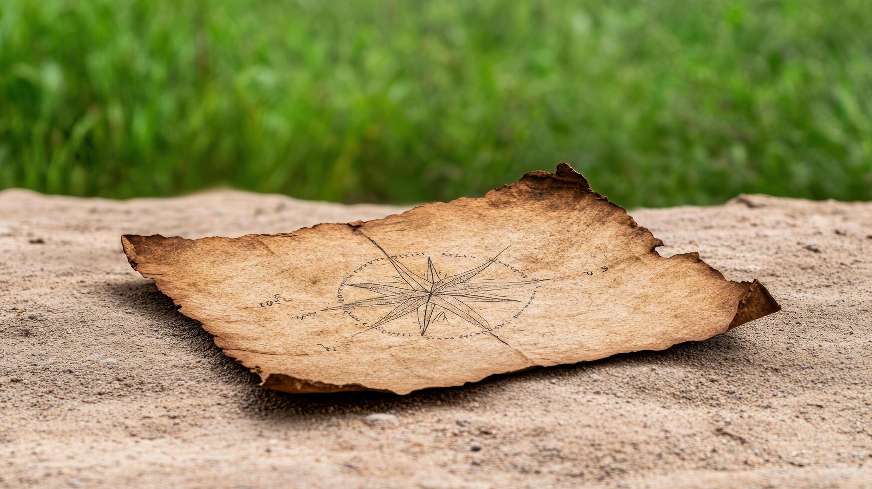 weathered map with compass design rests on dirt, evoking adventure photo