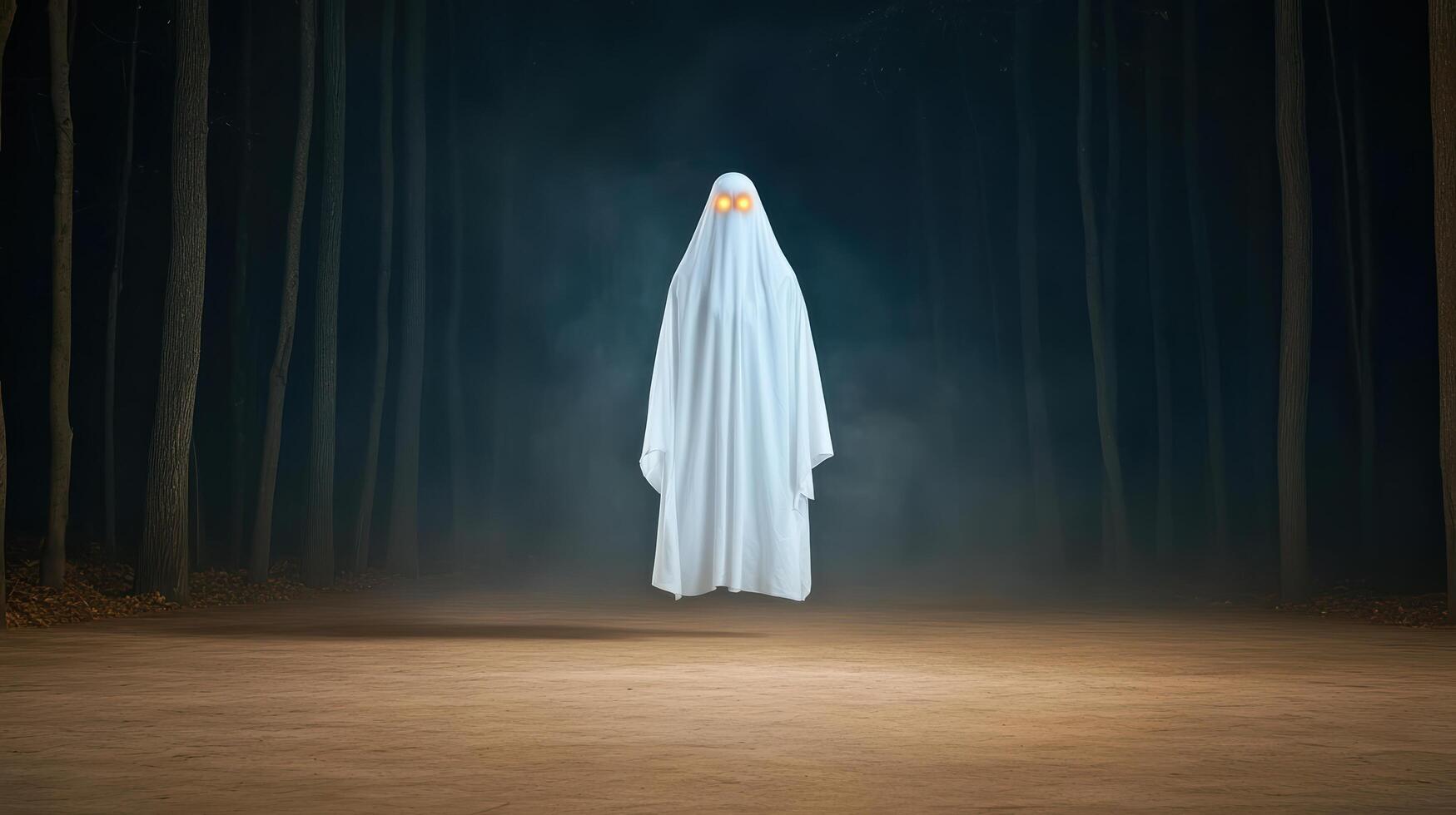 translucent ghostly figure floating in dark misty forest evokes mystery photo