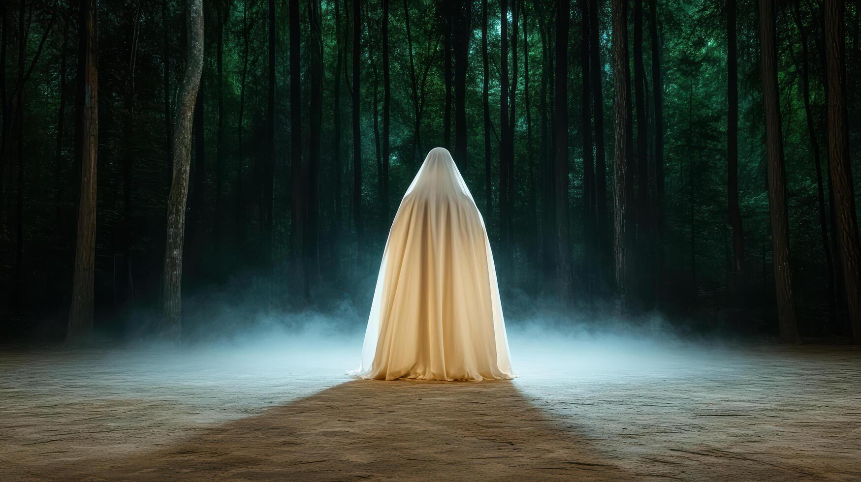ghostly figure in misty forest, shrouded in translucent cloak photo