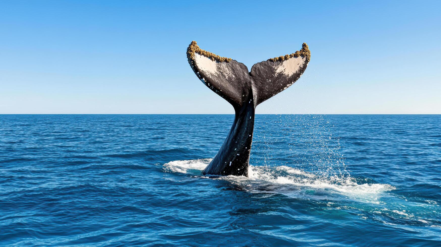 Diving whale tail creating bubbles in ocean under clear sky photo