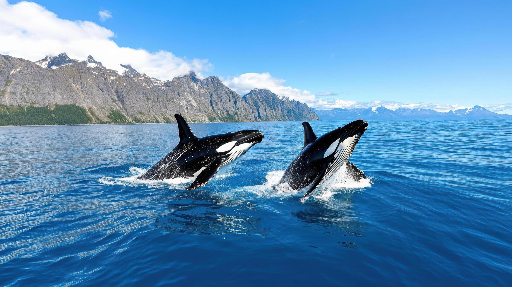 Dolphins breaching in clear blue waters near rocky mountains photo