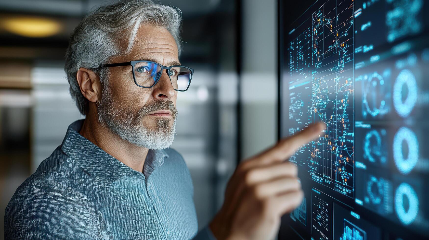 business executive analyzing data on digital screen with focus photo