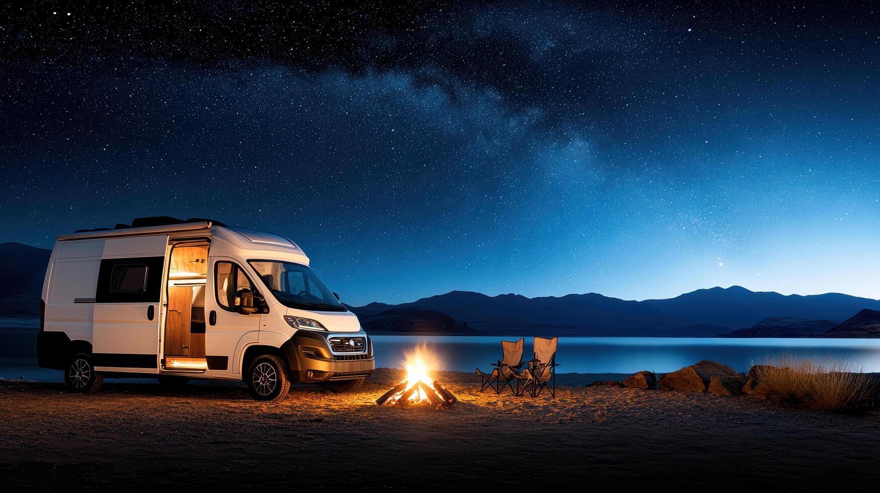 camper van by campfire under starry night sky, creating cozy atmosphere photo