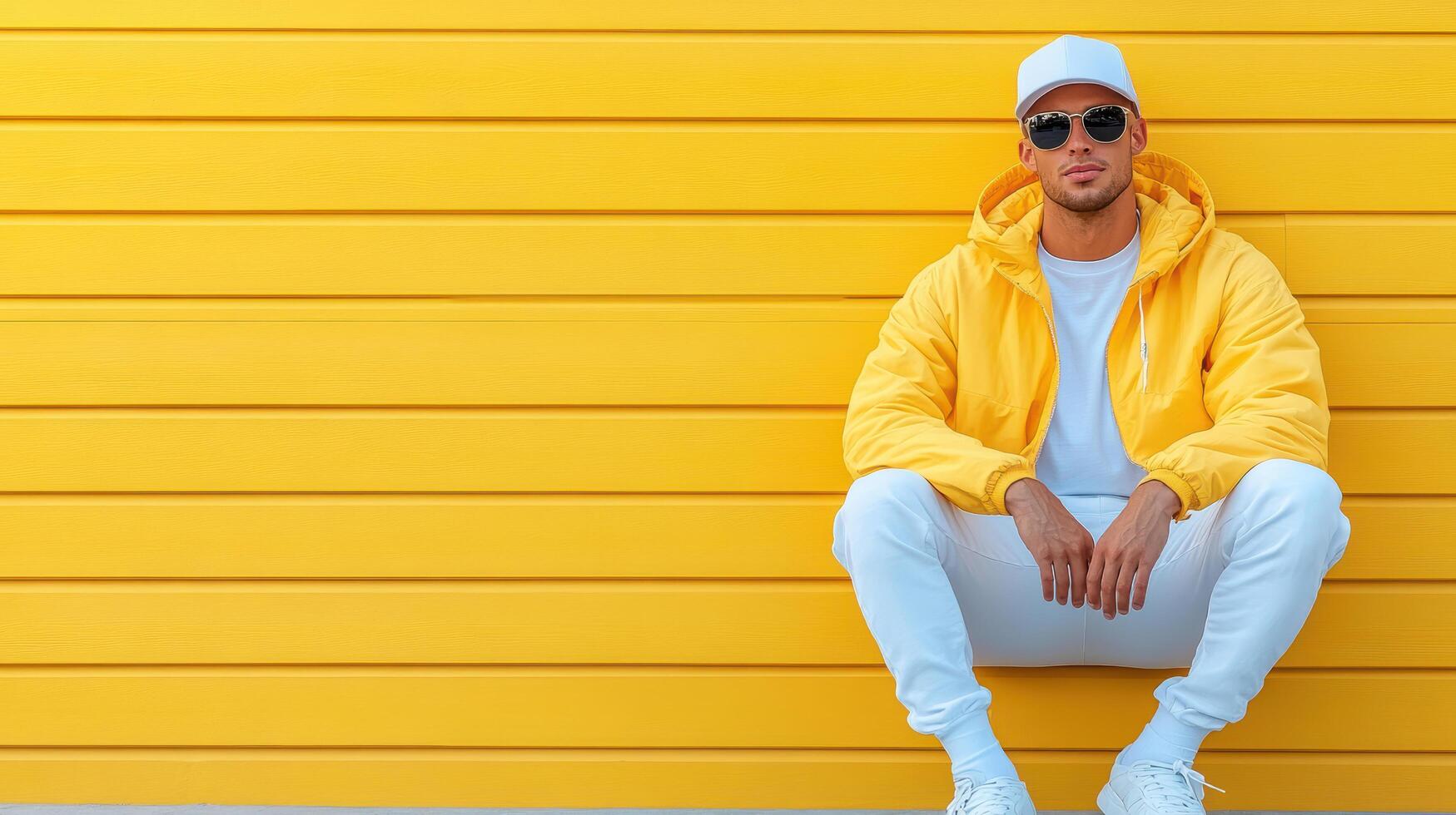 man in casual streetwear sits against bright yellow wall, exuding confidence photo