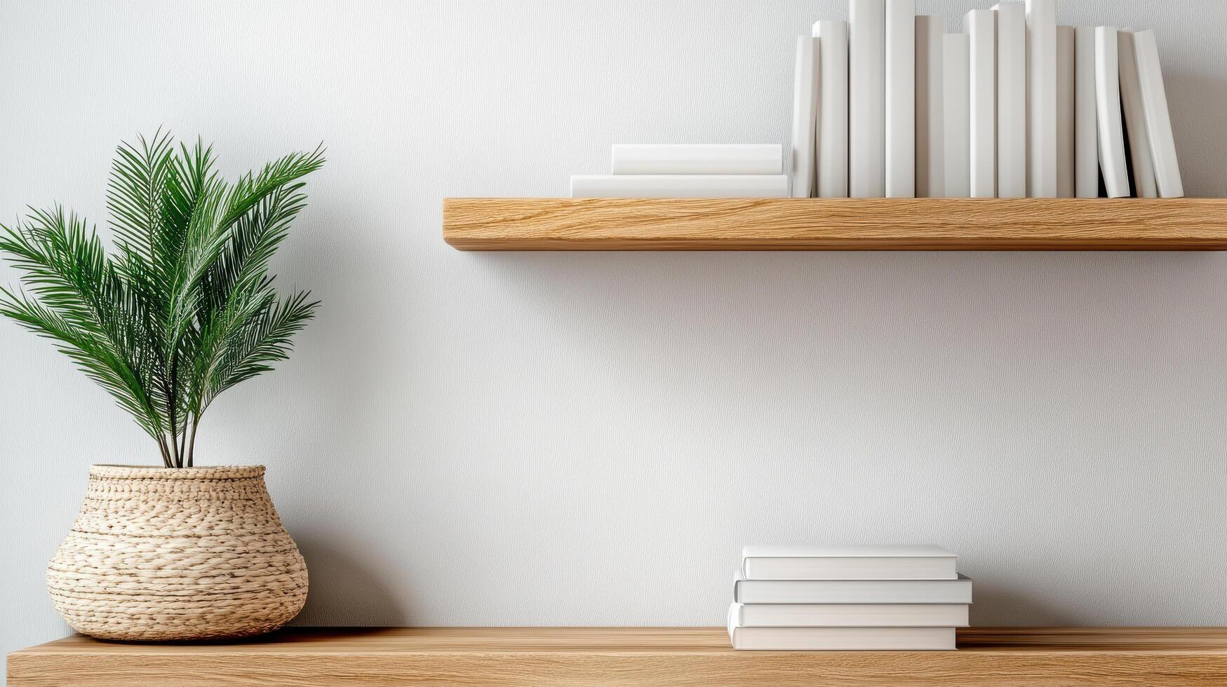 Modern open shelving unit with books and plant, creating clean look photo