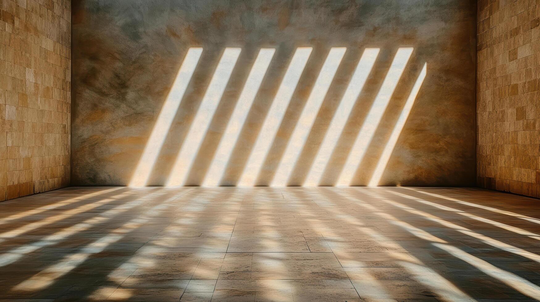serene interior with sunlight casting diagonal shadows on floor photo