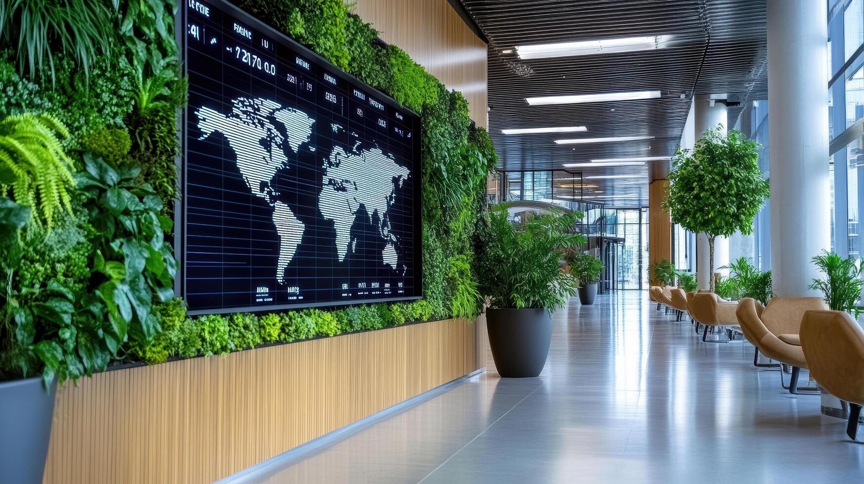 modern office interior featuring digital display of global data surrounded by greenery photo