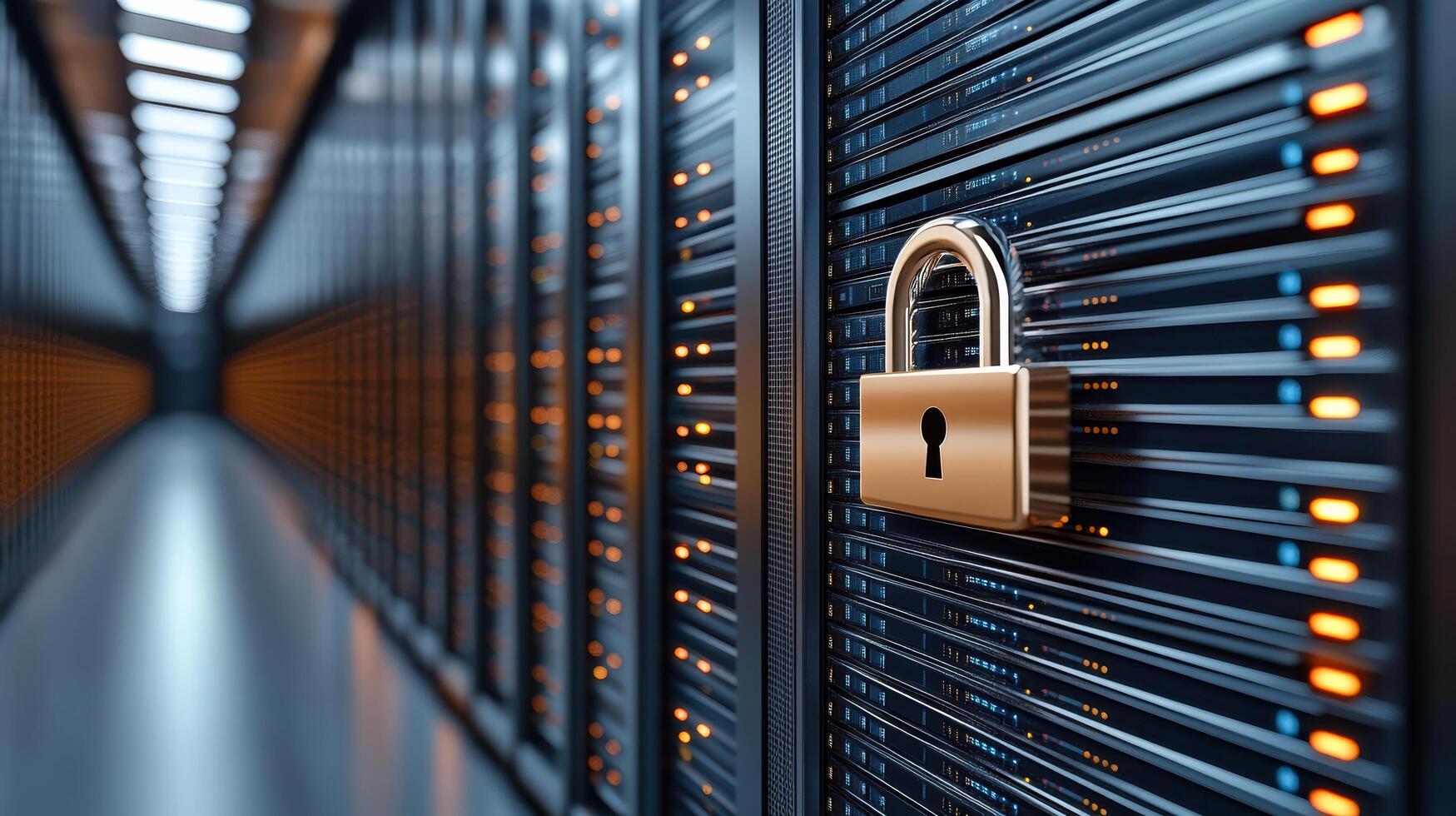 Secure digital lock on server rack with glowing lights photo