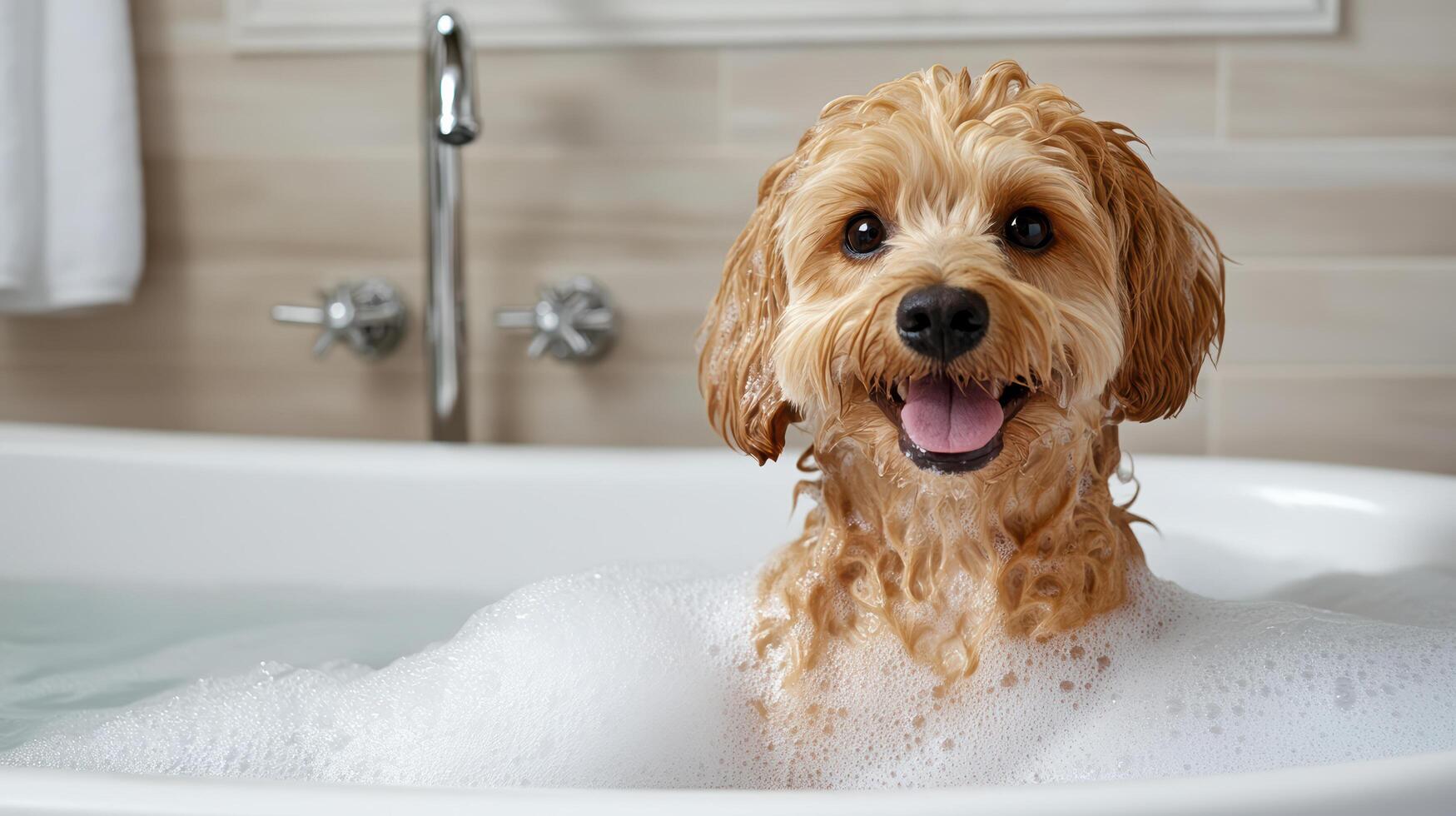 dog enjoying bubble bath with playful suds, radiating happiness photo