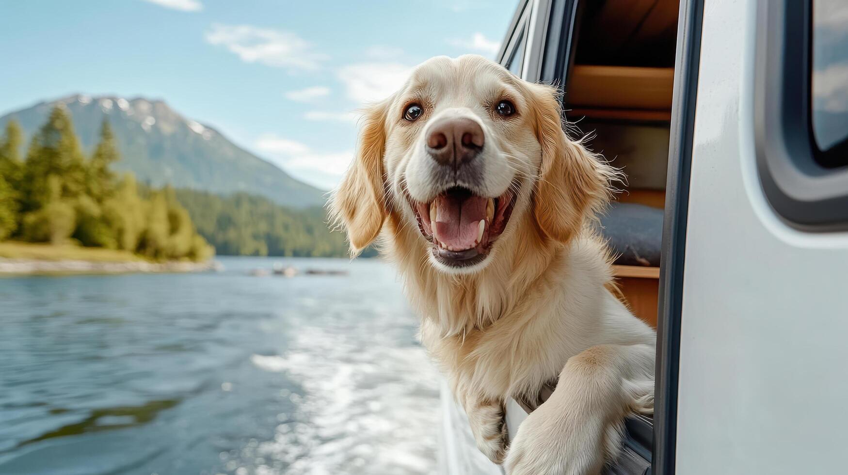 happy dog enjoying view from camper van by lake photo