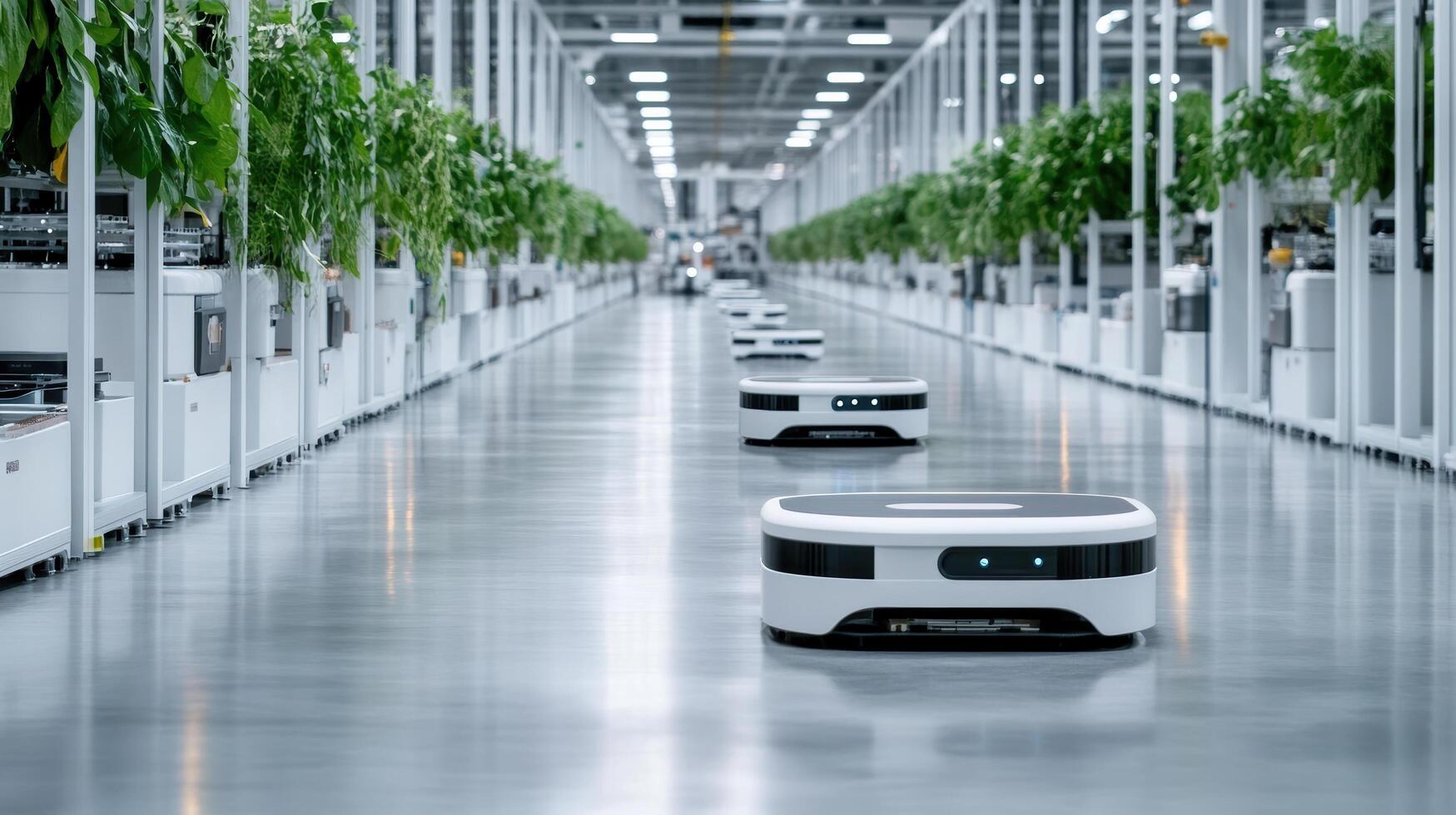 Automated robots navigating modern factory floor with greenery photo