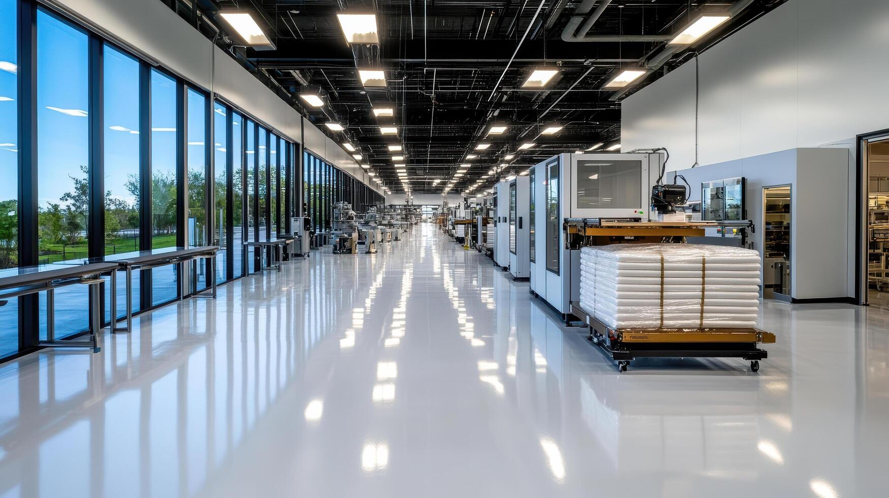 modern factory floor with robotic systems and bright lighting photo