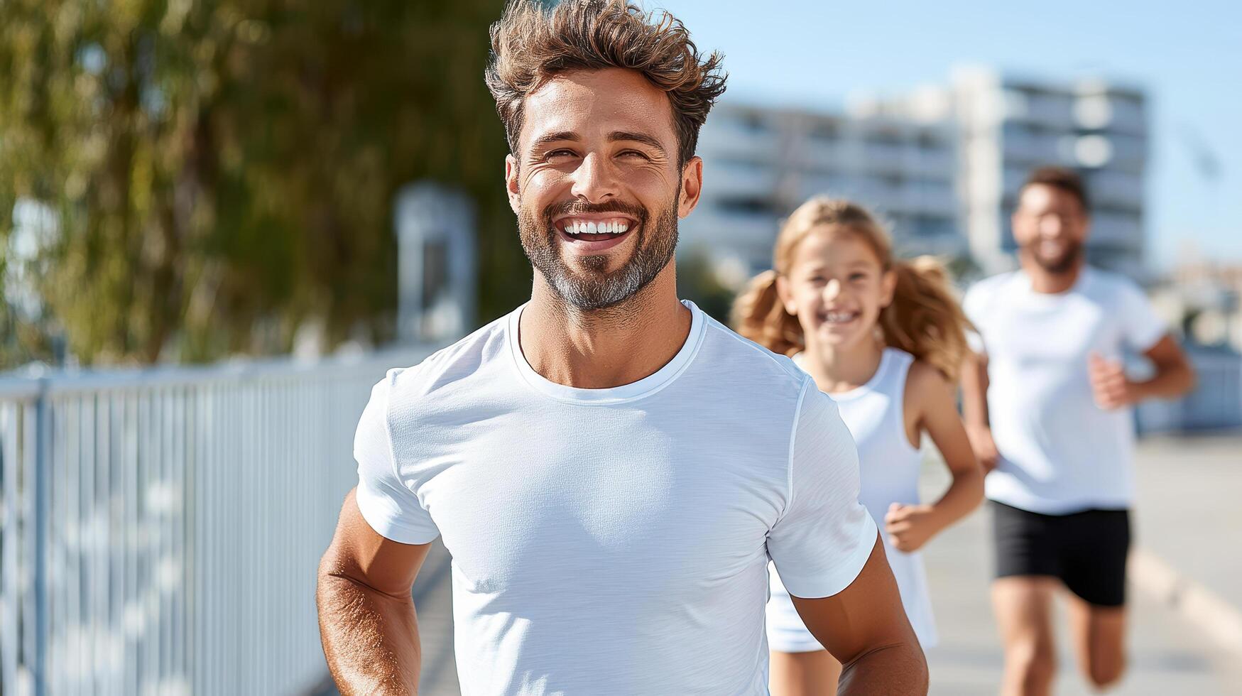 family enjoying fun outdoor fitness relay, smiling and running together photo