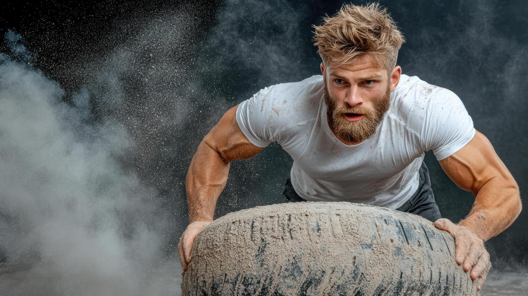 fitness enthusiast flipping large tire gritty environment, showcasing strength and determination photo