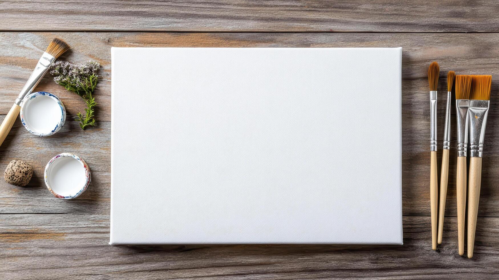 flat lay of DIY materials including blank canvas, brushes, and paint photo
