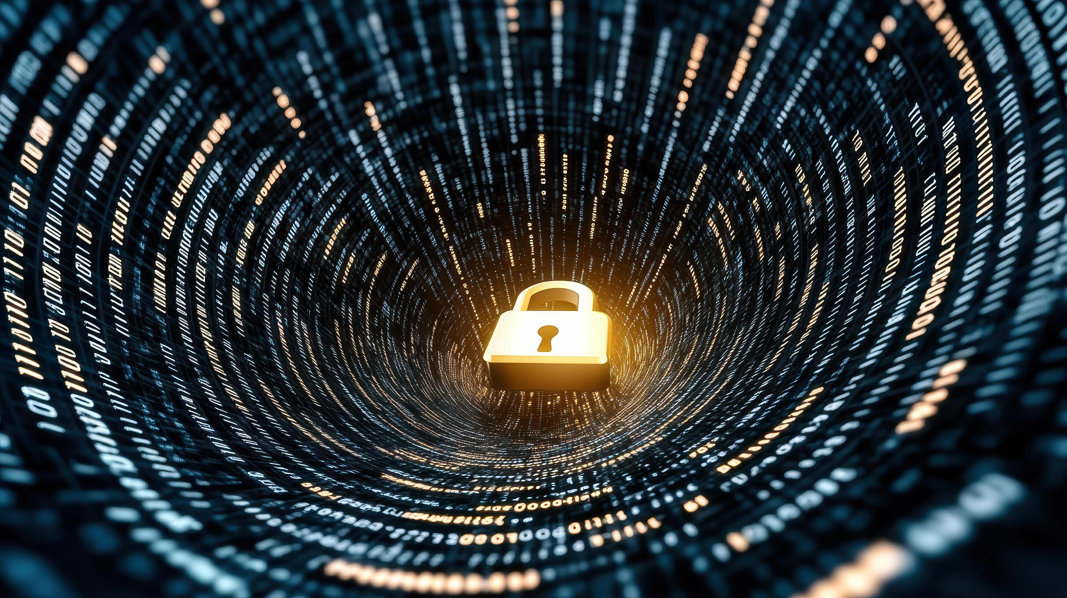 glowing padlock icon surrounded by binary code symbolizes digital ...