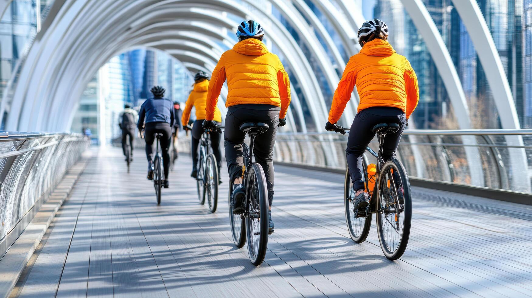 Cyclists in orange jackets riding on modern bridge in city photo