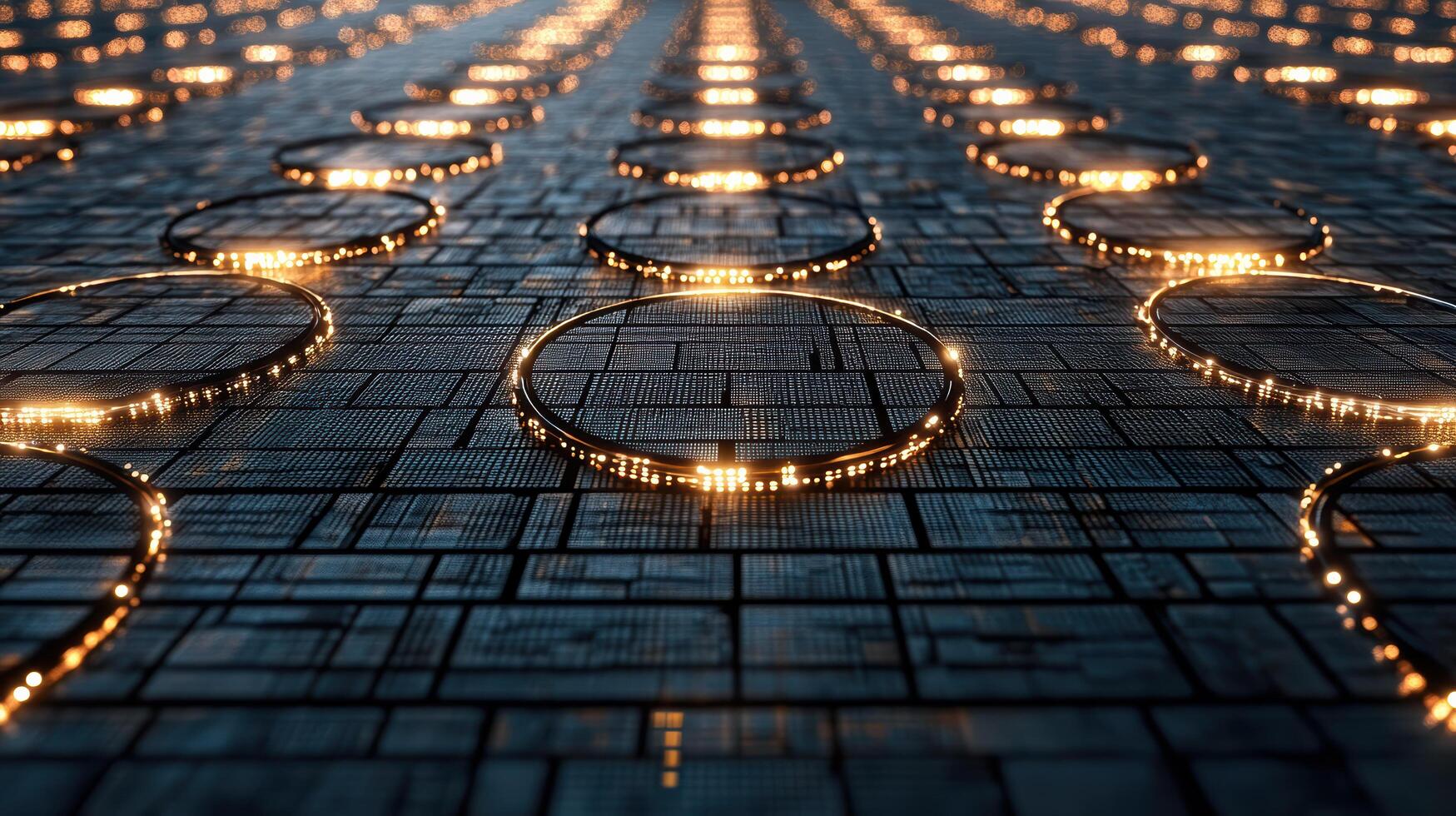 futuristic digital landscape with glowing circular nodes and grids photo