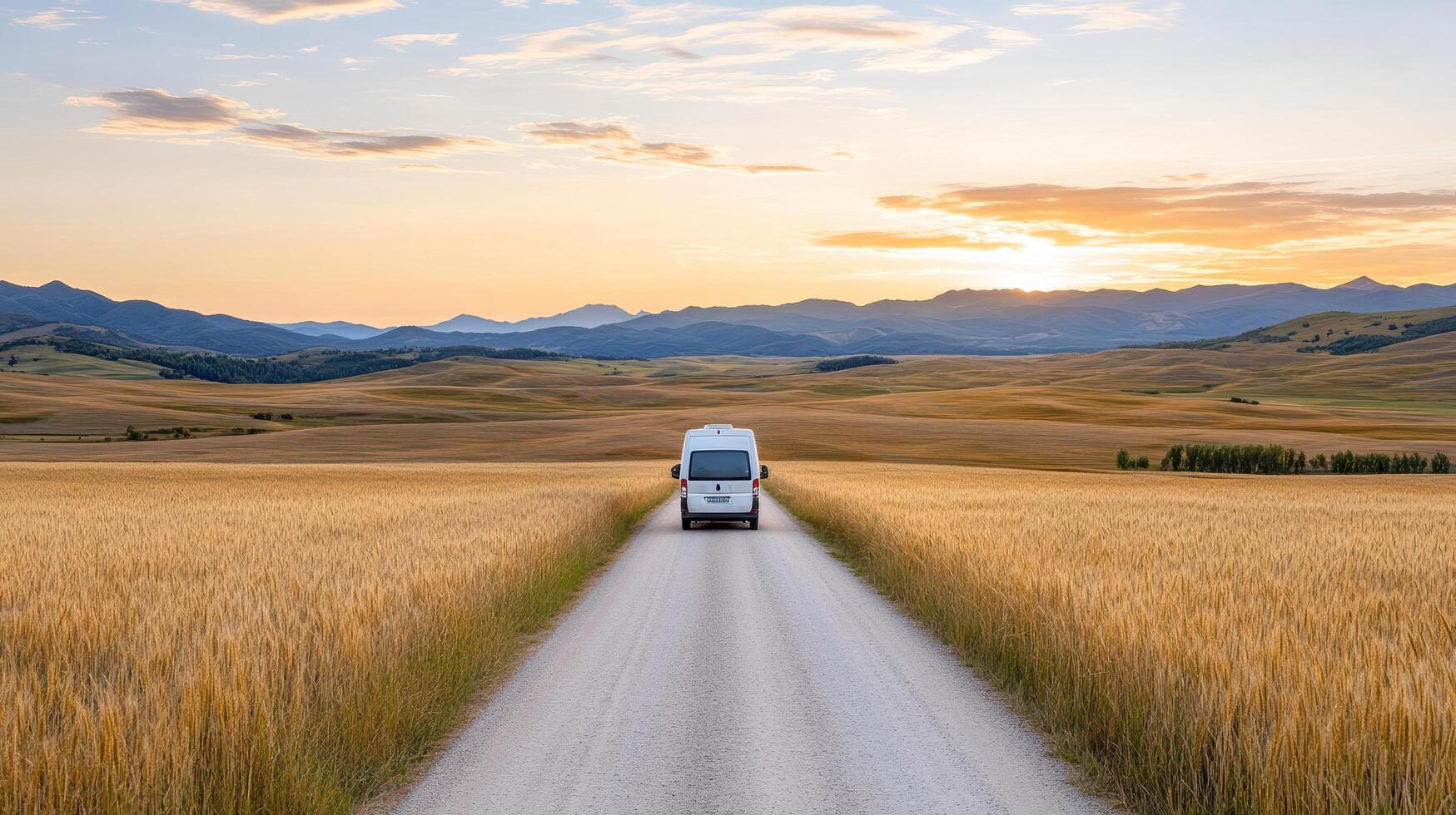 van travels down winding road through golden fields at sunset photo