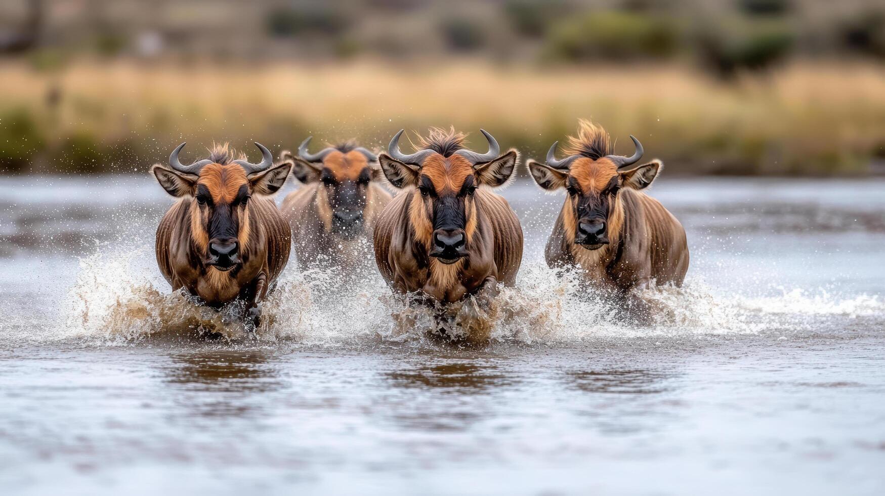 Majestic wildebeests running through water during migration, creating splashes photo