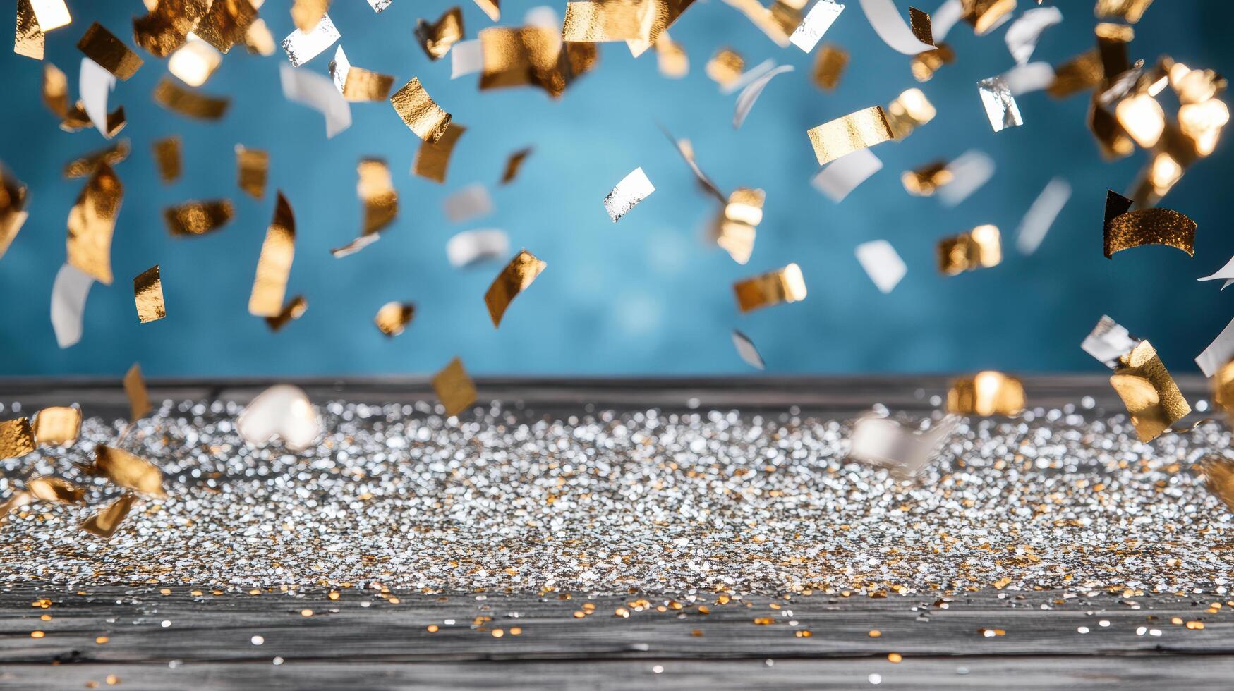 Sparkling glitter and confetti falling on wooden surface, creating festive atmosphere photo
