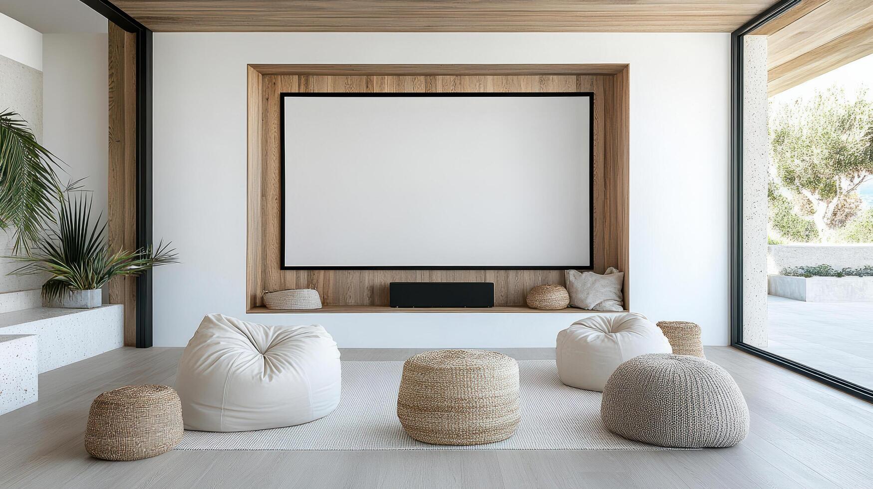 Minimalist home theater with projector screen and cozy seating area photo