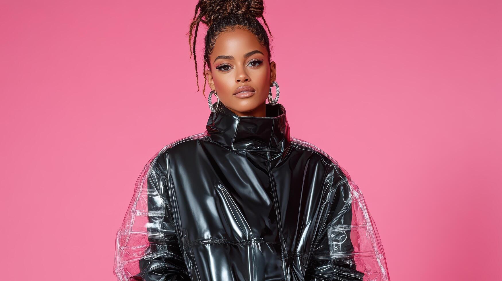 model in futuristic trench coat with transparent sleeves poses confidently photo