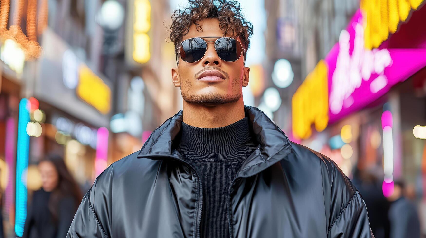 stylish man wearing sunglasses and black puffer jacket in vibrant city street photo