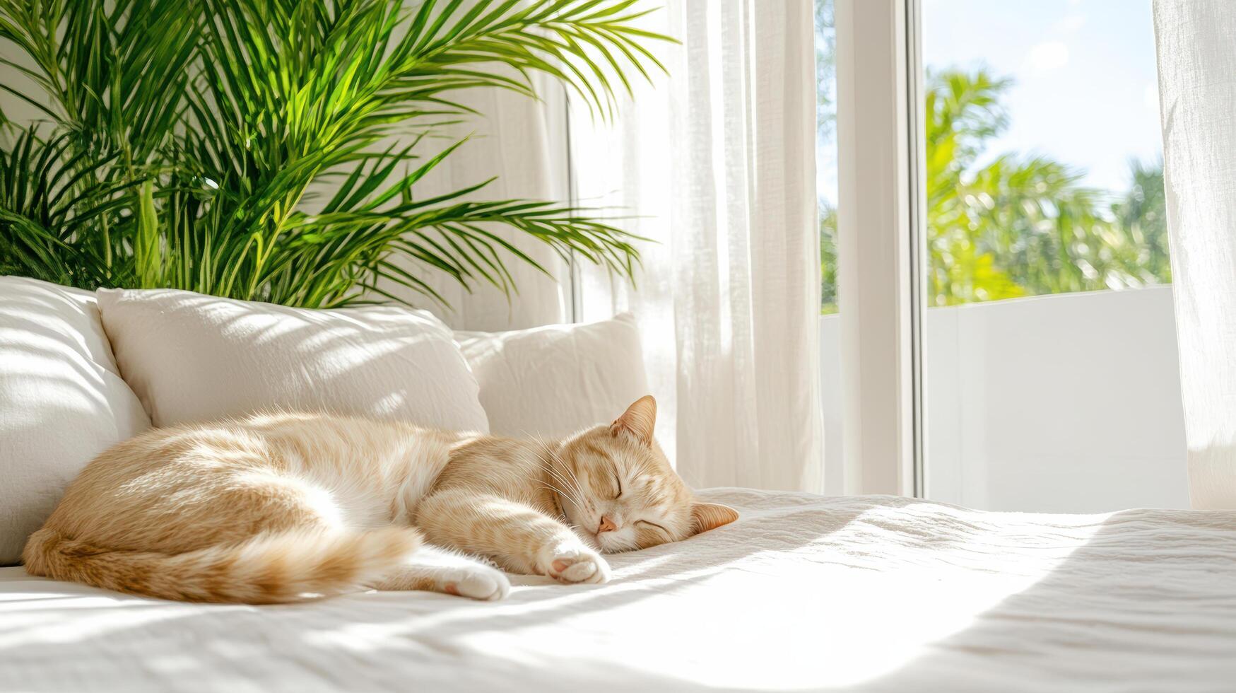 pair of cats lounging by sunny window with soft curtains creates serene atmosphere photo