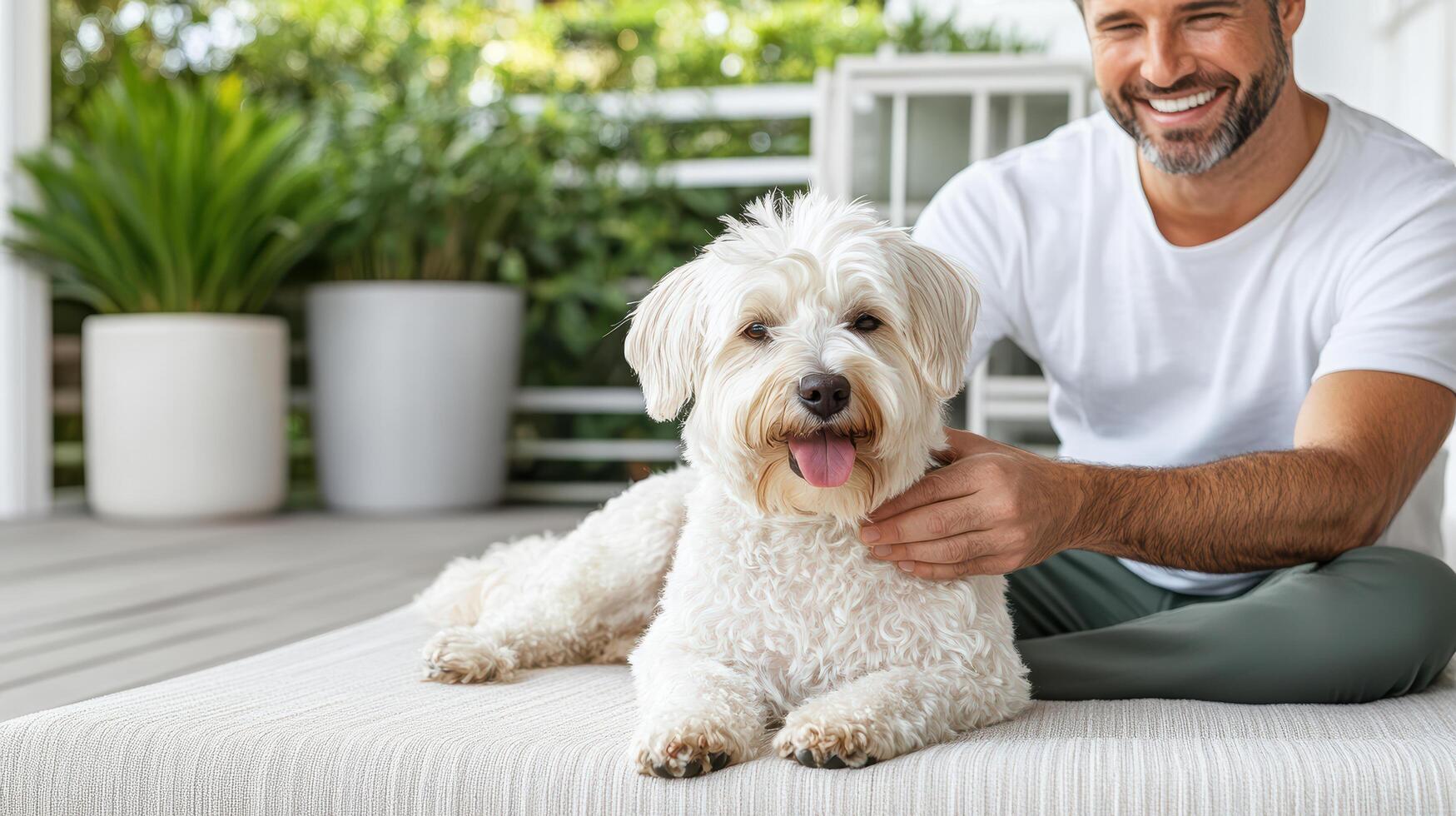 man gently petting his happy dog on sunny porch, enjoying quality time together photo