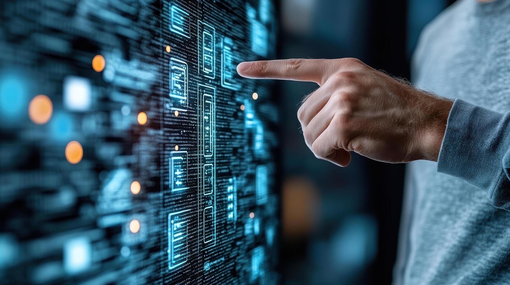 Hand interacting with digital interface, showcasing cybersecurity protocols photo