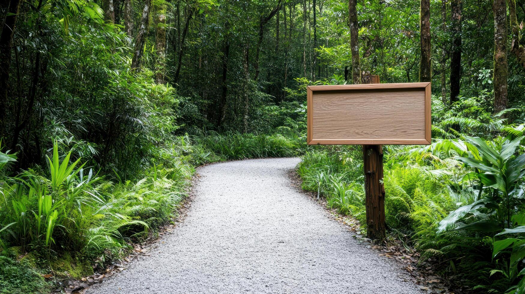 scenic forest path with signboard promoting conservation efforts photo