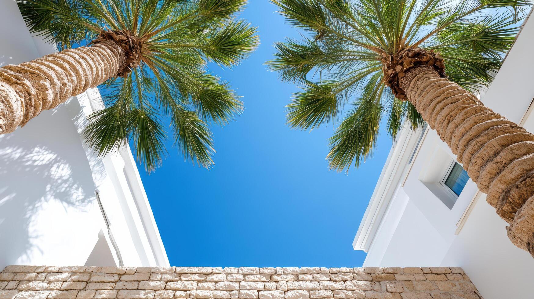 serene view of palm trees against clear blue sky, framed by white buildings photo