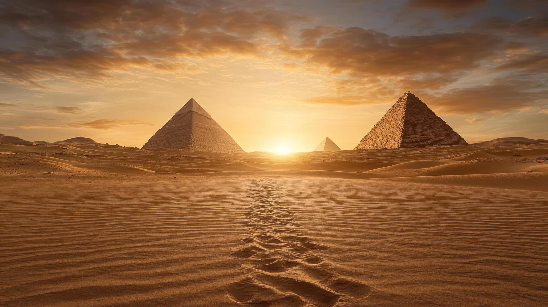 vast desert with towering pyramids at sunset, creating serene atmosphere photo