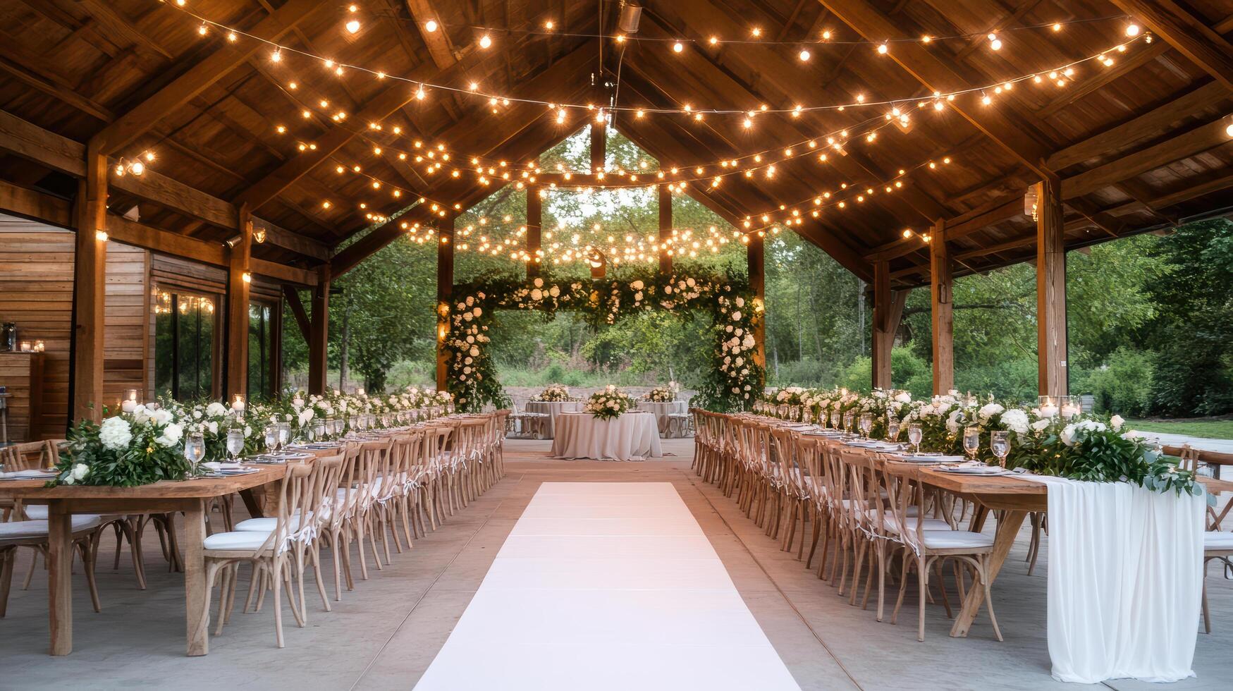 rustic wedding reception in barn with elegant decor and string lights photo