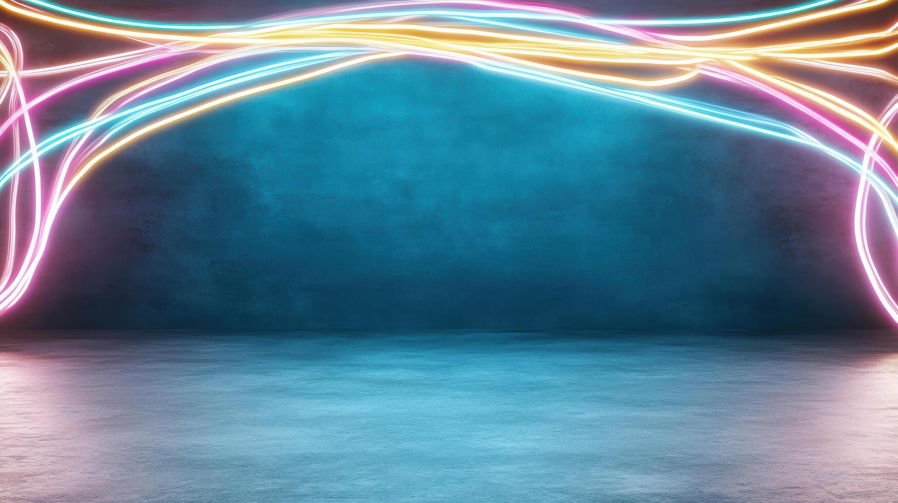 Bright neon wires glow against textured blue background, creating abstract scene photo