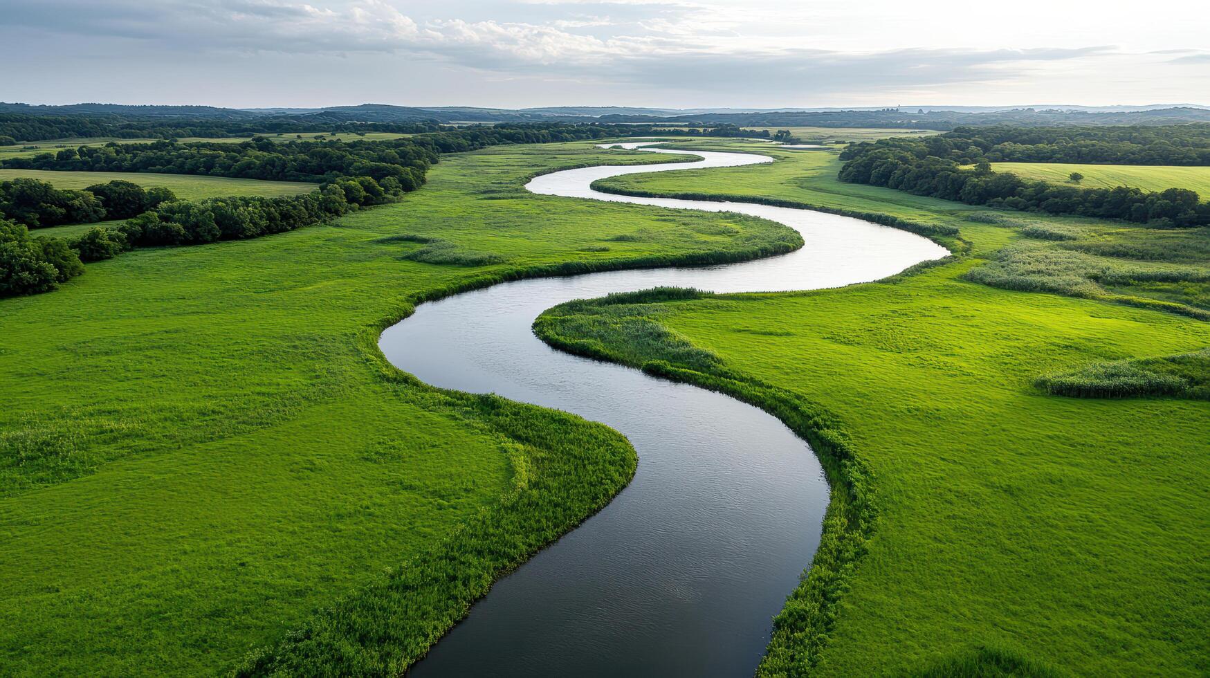 Winding river flows through lush green fields under bright sky photo