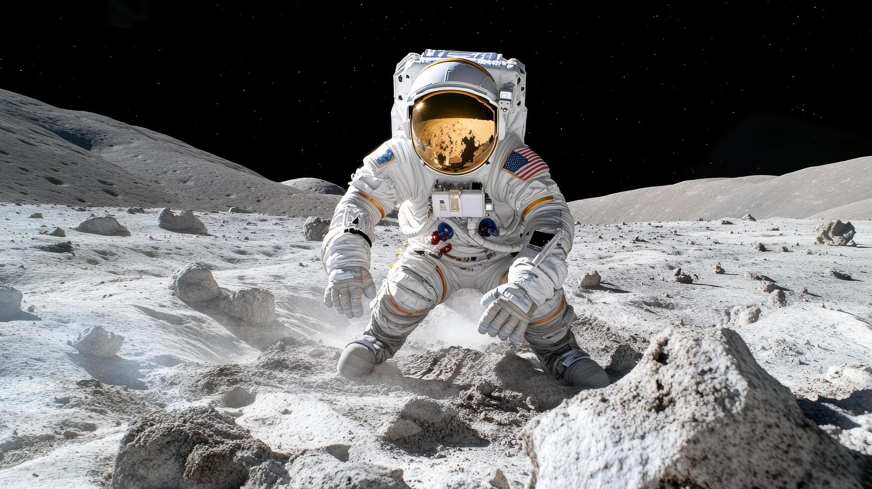 astronaut exploring moon surface, surrounded by rocks and dust photo